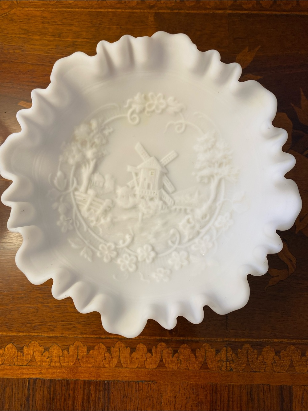 Imperial Glass Vintage Milk Glass Bowl • Windmill Scene • 8” Diameter